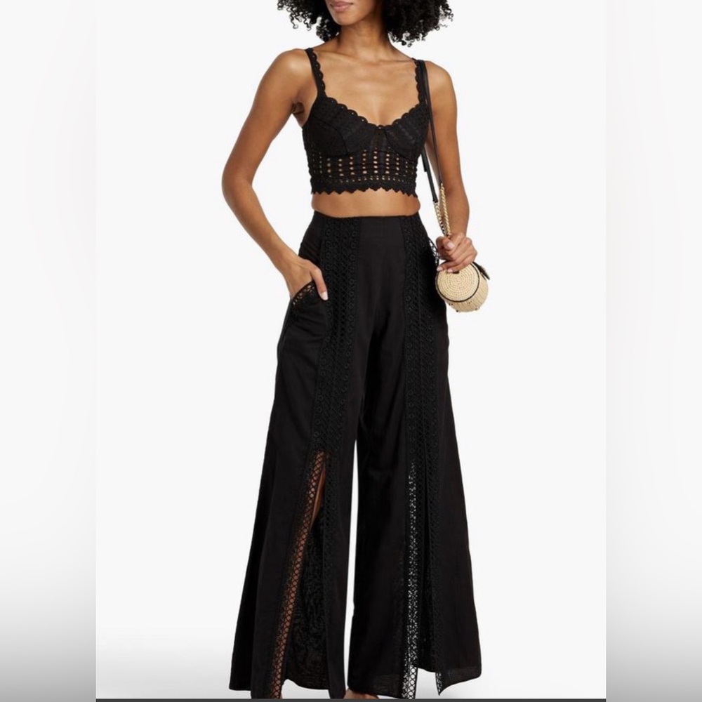 Charo Ruiz Lace-Trimmed Cotton Voile Wide Leg Pants, Black, Size XL - Picture 1 of 8